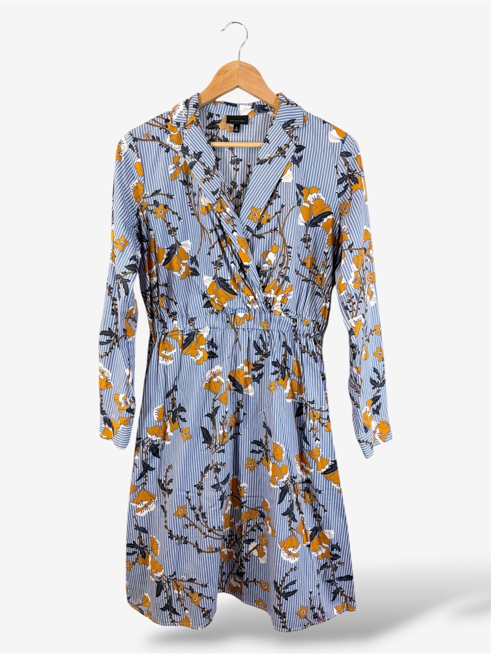Who What Wear Blue Stripe Floral Dress Size S Long Roll Tab Sleeve A-Line Flare